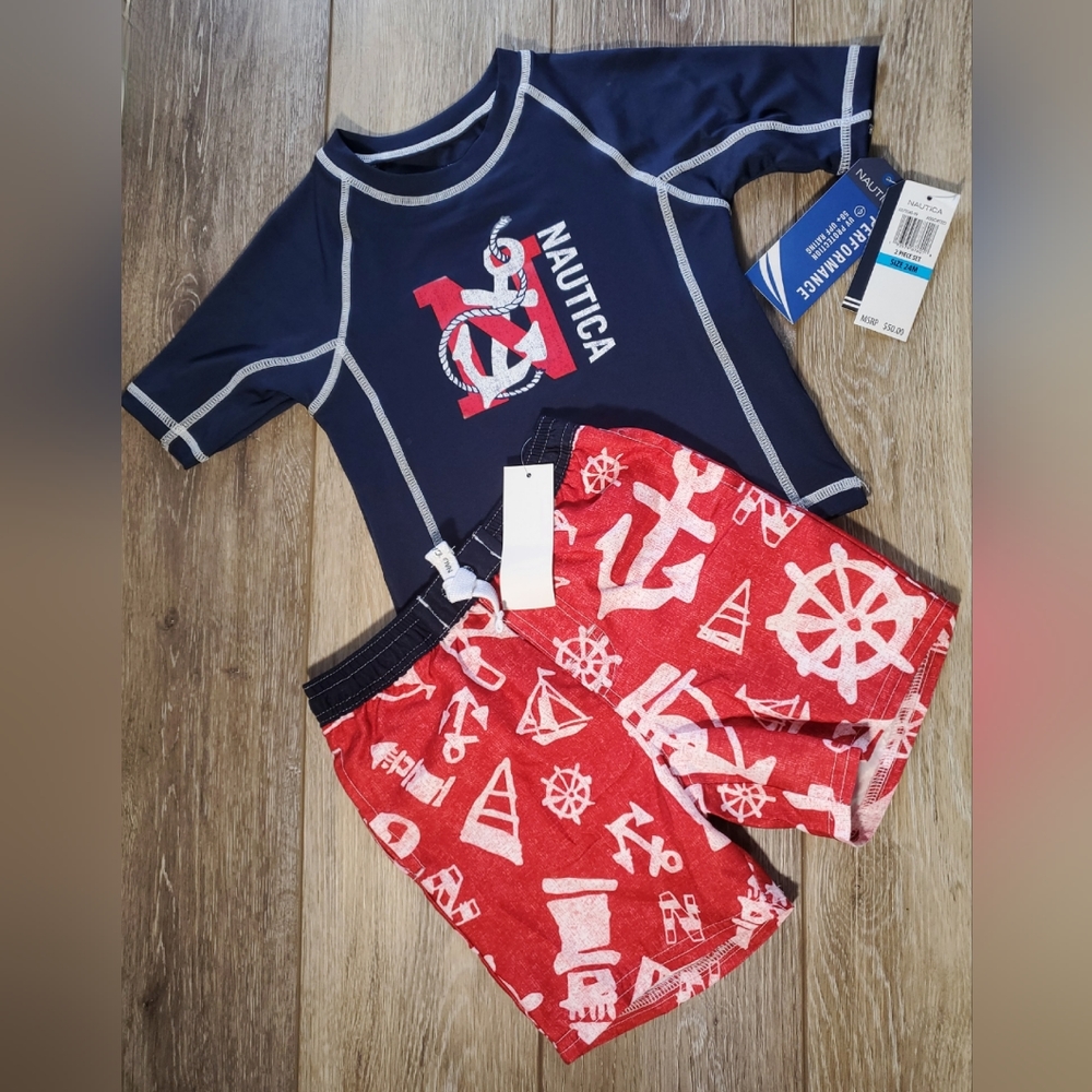 🇺🇲Nautica boys 2 piece rashguard swim set, navy, red, white Size 24M